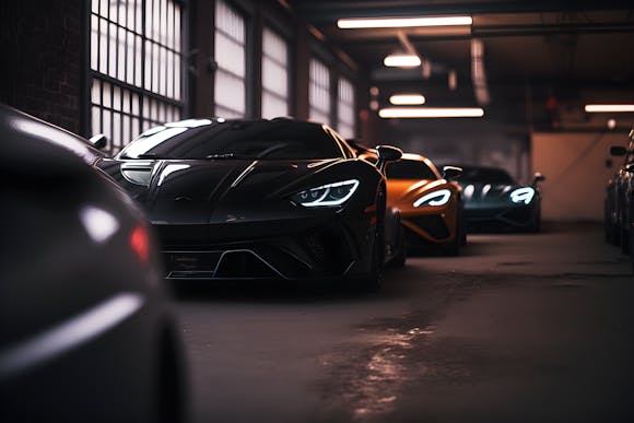 Collection of luxury cars in a garage 