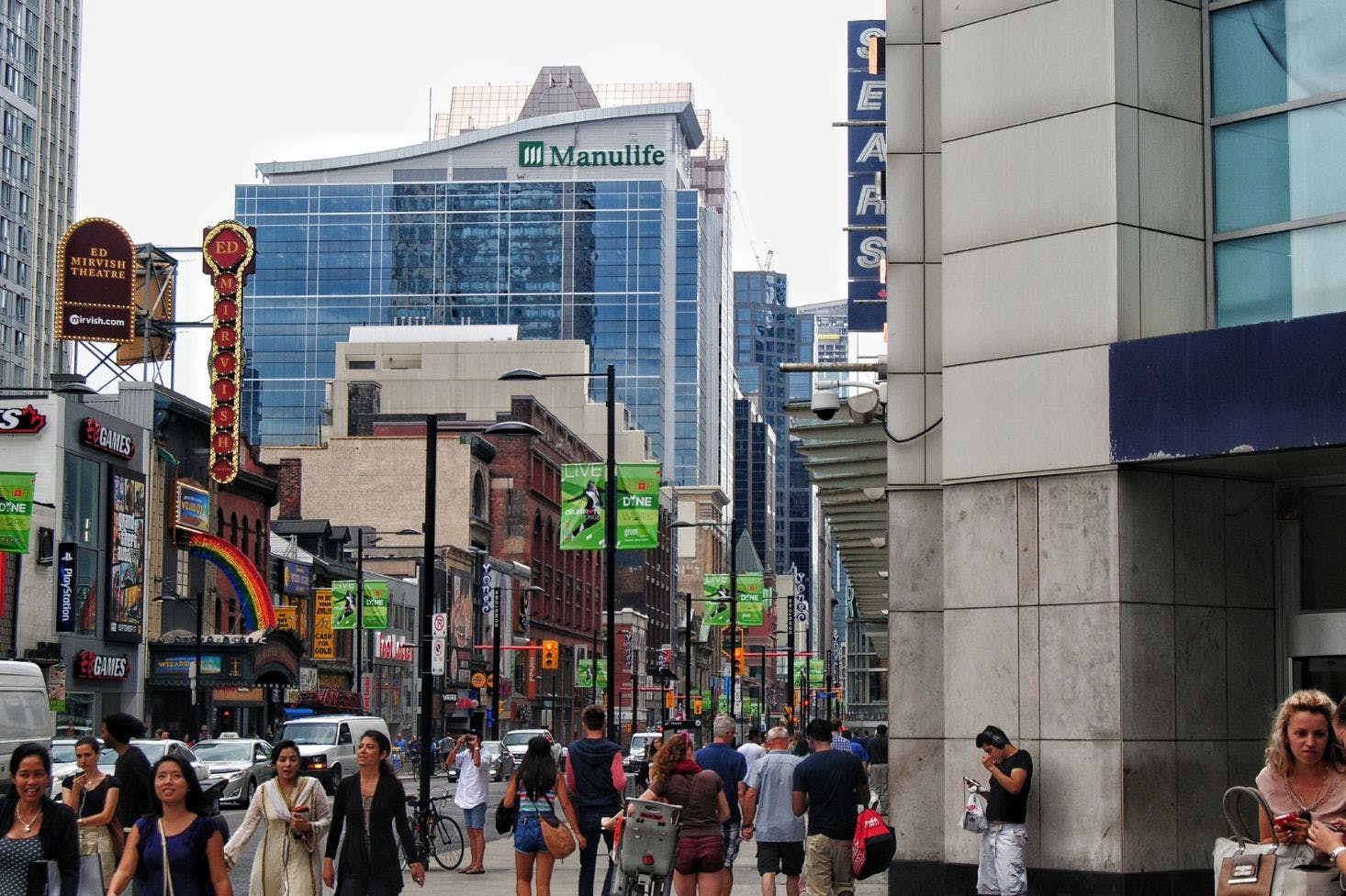 Busy Yonge Street, one of the world's longest, filled with pedestrians and shops