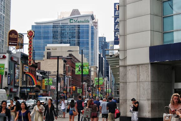 Busy Yonge Street, one of the world's longest, filled with pedestrians and shops