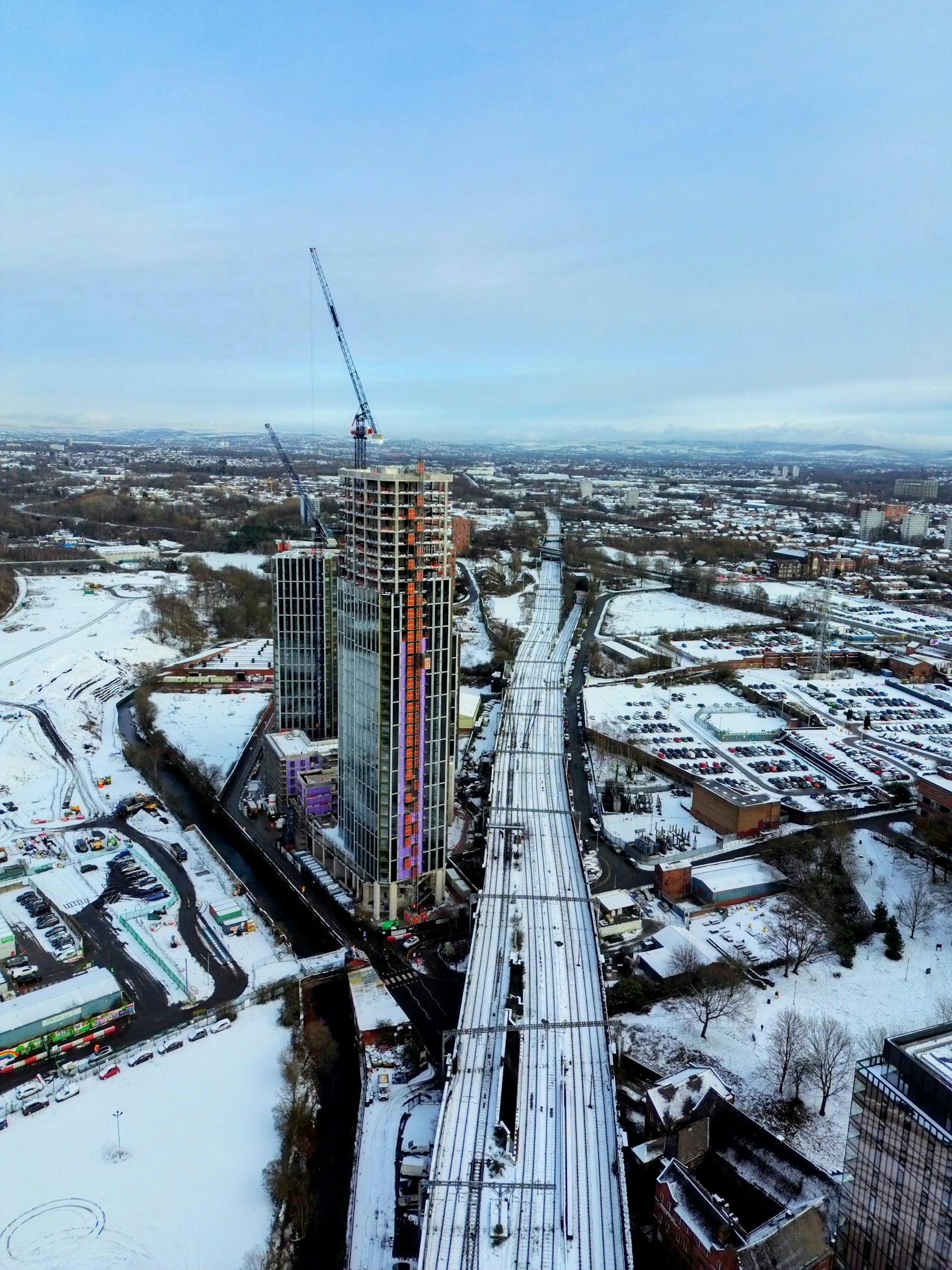 Aerial view of Manchester in the snow