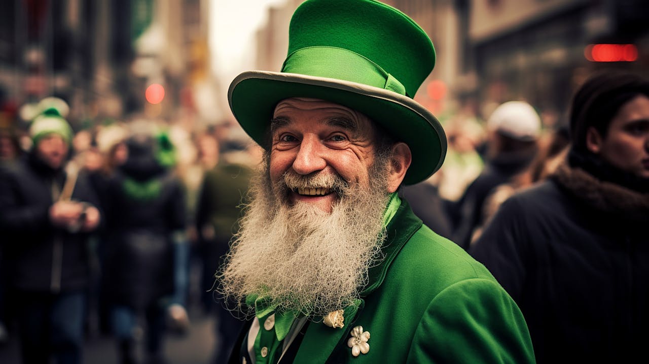 Joyful older man with a long white beard wearing a bright green outfit, including a top hat, during a parade.