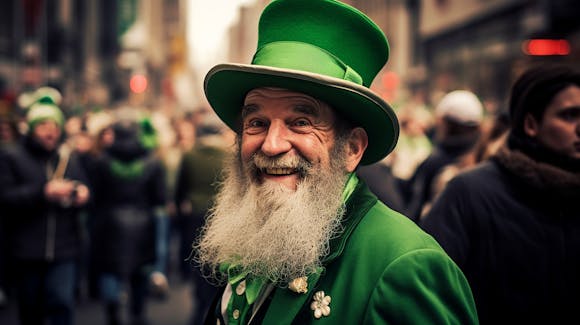 Joyful older man with a long white beard wearing a bright green outfit, including a top hat, during a parade.