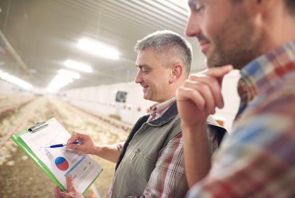 Two men discussing agricultural improvements a well-lit agricultural facility