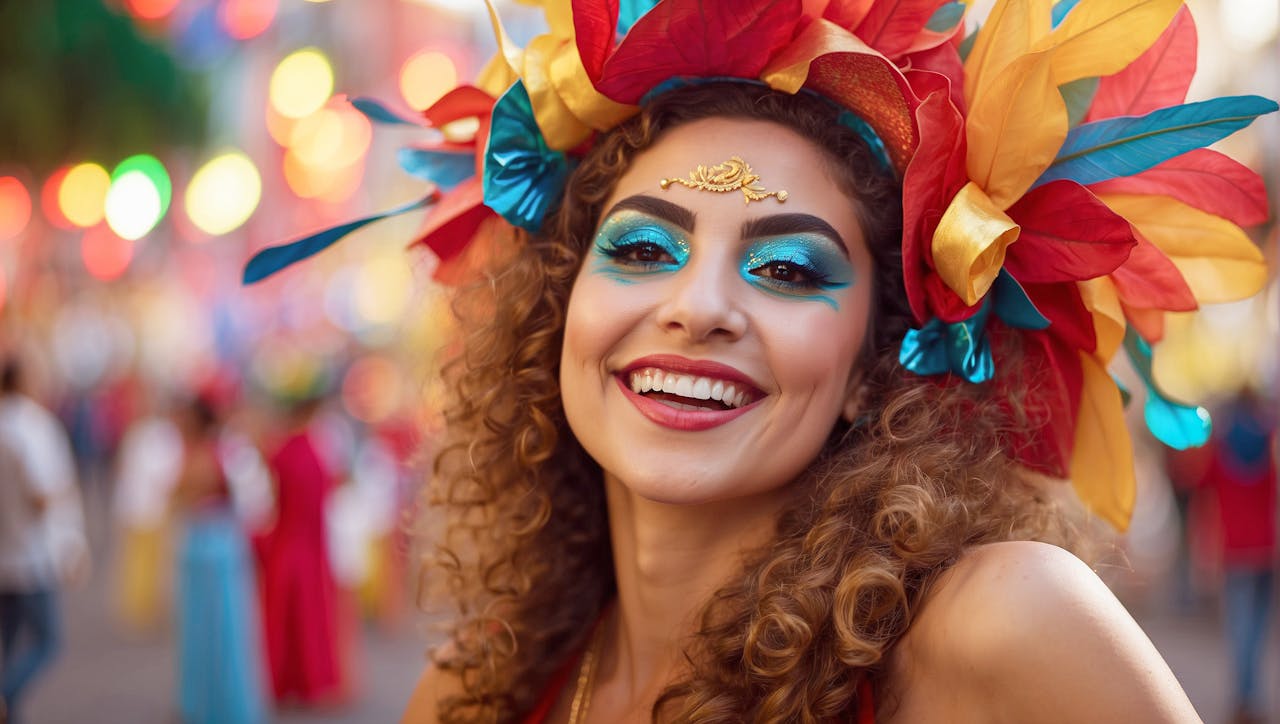 Beautiful curly haired woman wearing colorful carnival clothes and makeup poses happily looking at camera