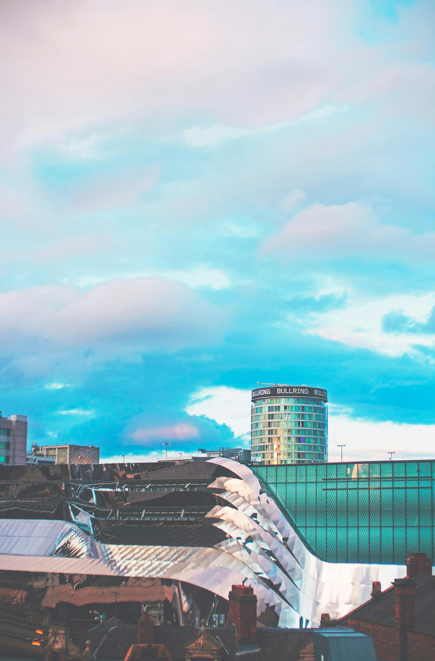 The Bullring Tower in the distance from a street in Birmingham