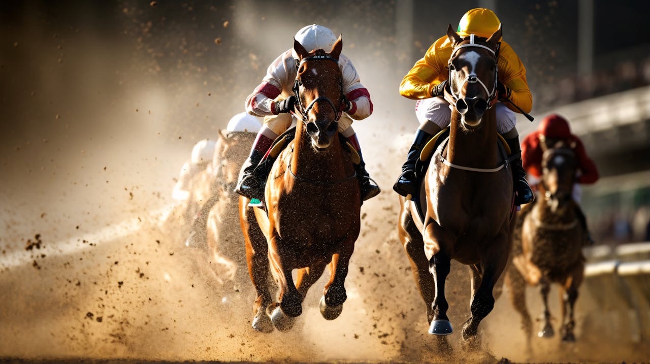 Horse riding sport with riders on horses and dirt rising