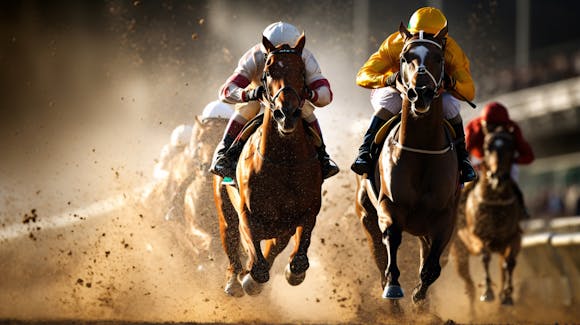 Horse riding sport with riders on horses and dirt rising