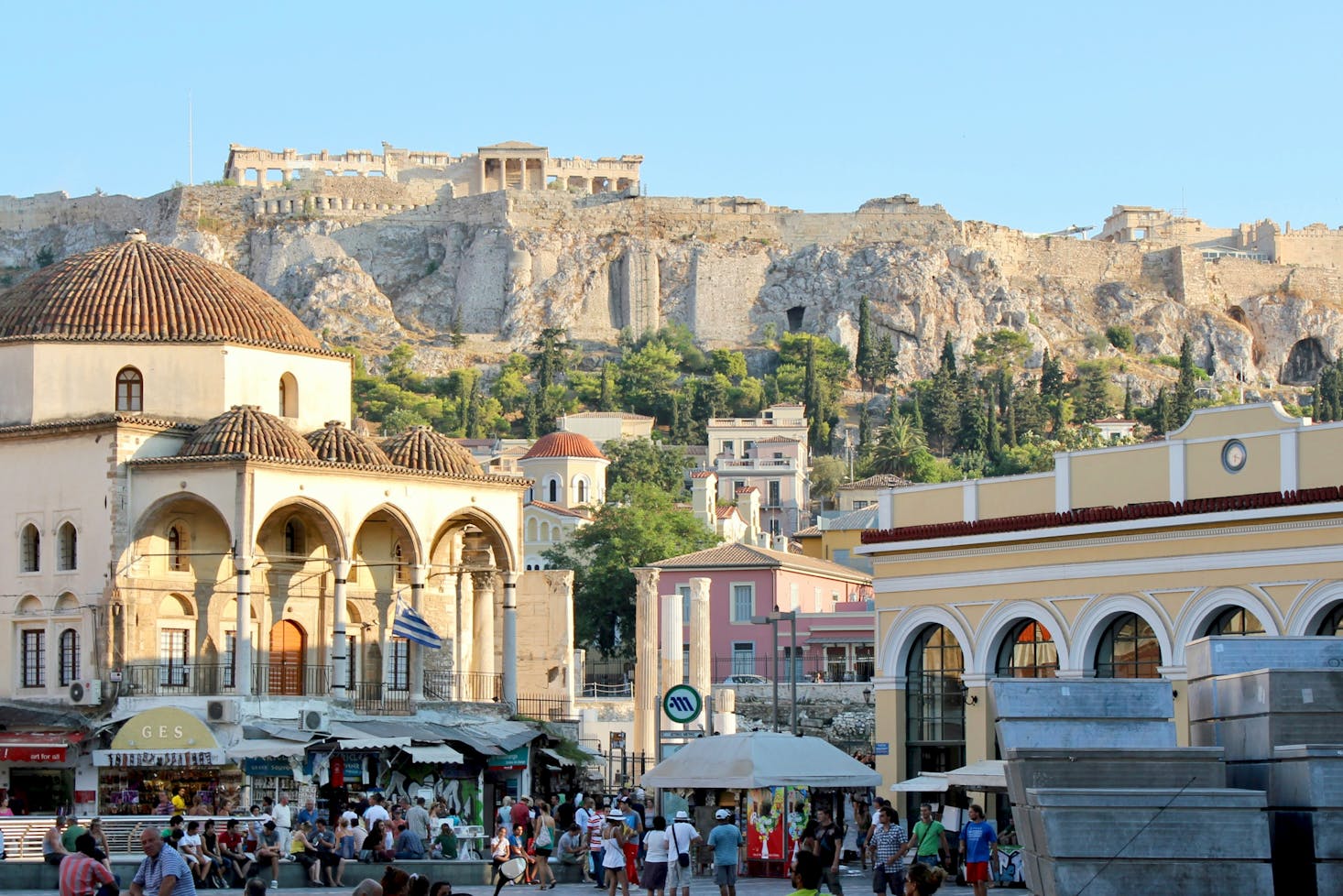 The busy Monastiraki neighbourhood in Athens during the day