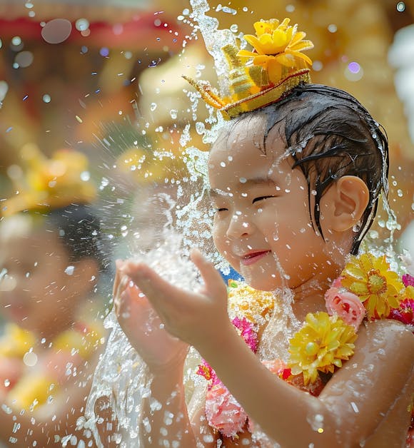 Children celebrating Songkran by splashing water during the festival