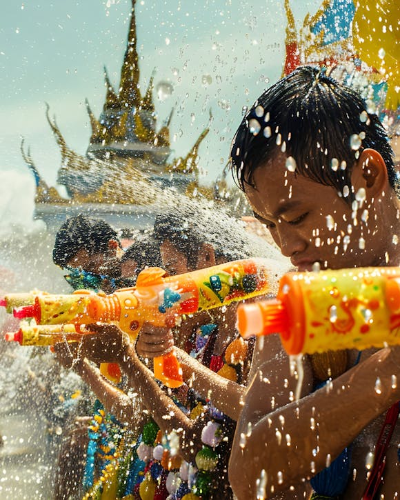 People in swimsuits celebrating Songkran with water pistols