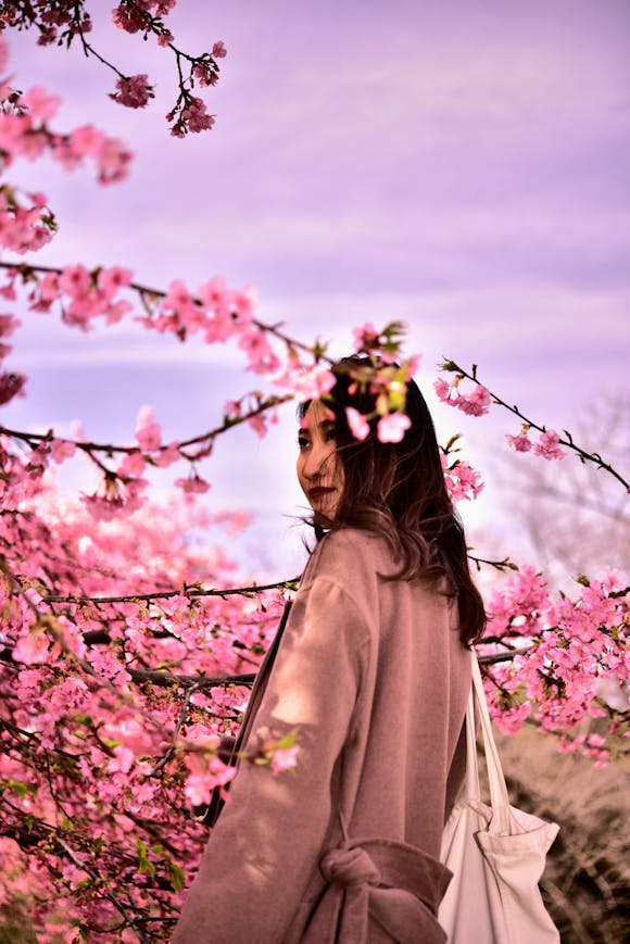 Woman wearing a coat next to a cherry tree during peak bloom