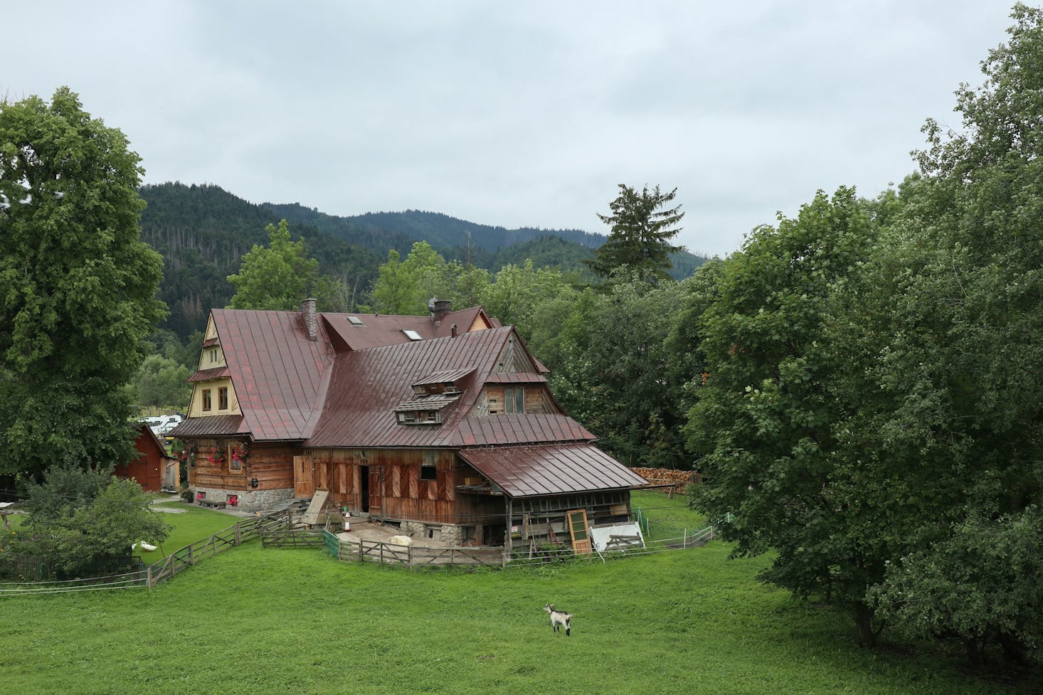 House and barn-type building in a tree-filled park in Krakow