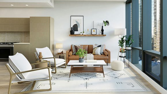 A sleek and modern minimalistic living room design, featuring clean lines, neutral tones, and elegant furnishings