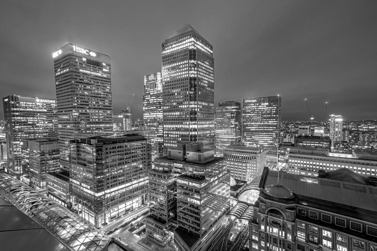 View of Canary Wharf business district at night