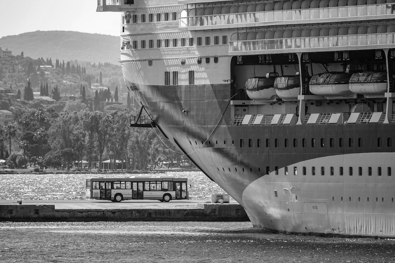 Close up of a cruise ship docked at Corfu Port