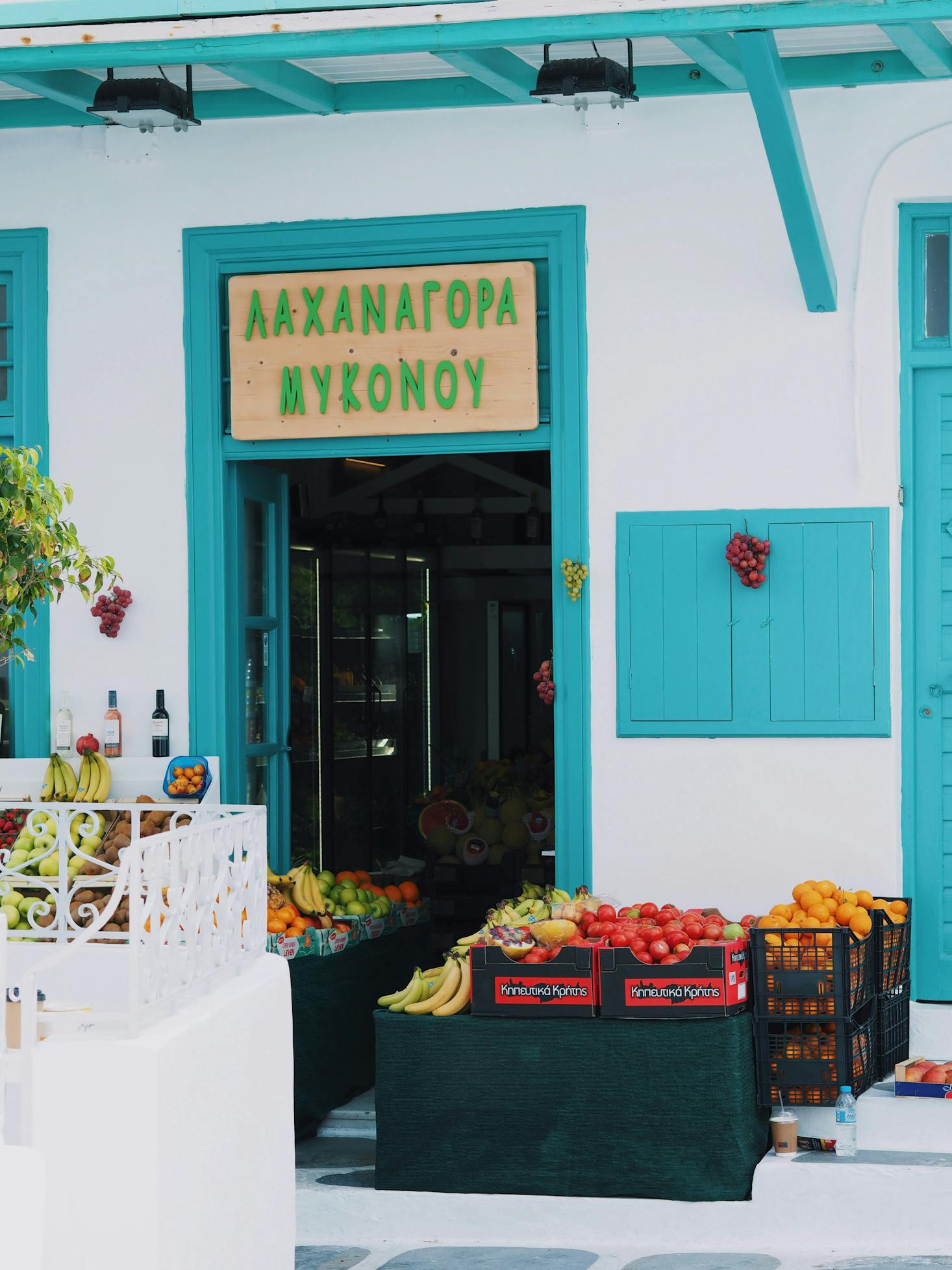 A storefront in blue and white in Mykonos Town, Greece