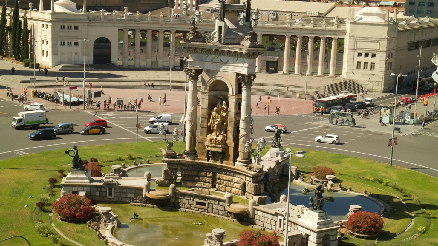 Aerial view of the Placa Espanya in Barcelona with a fountain in the center