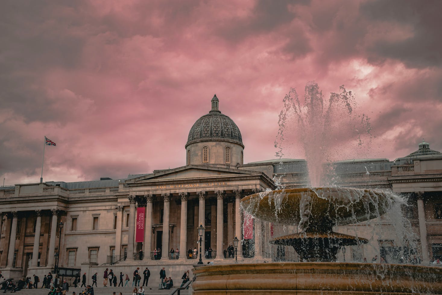 The London National Gallery in Trafalgar Square at sunset