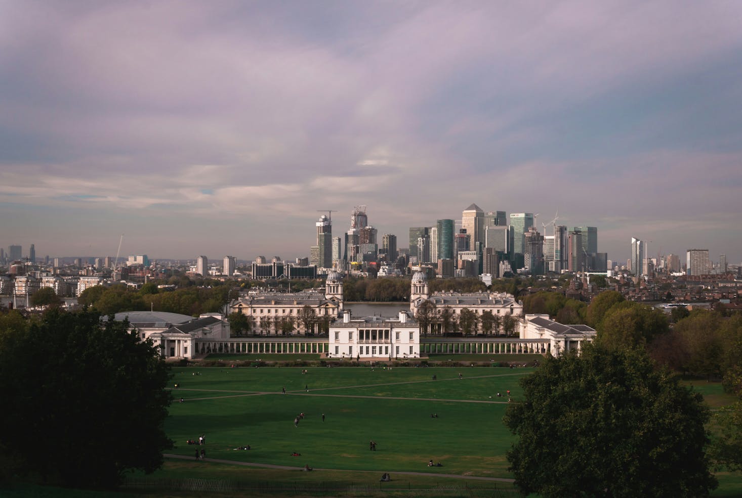 Large green park overlooking the London skyline in Greenwich, England