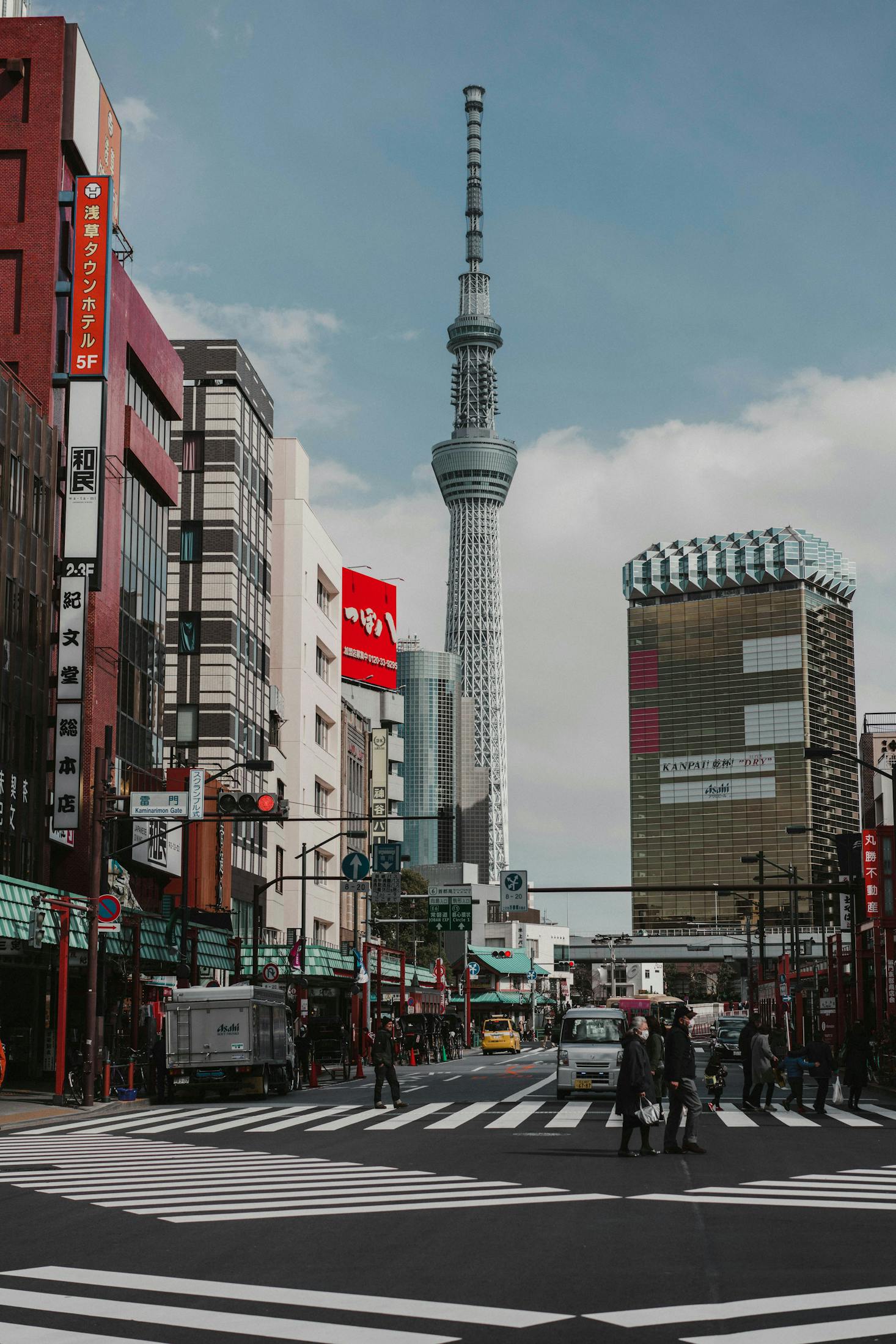 The tall, thin structure of Tokyo Skytree with luggage storage nearby