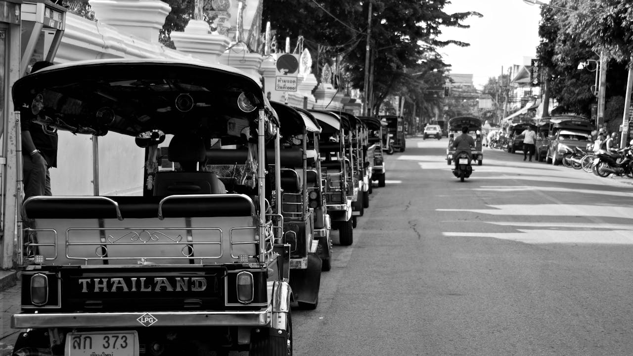Tuk-tuks lined up near Chiang Mai Bus Station