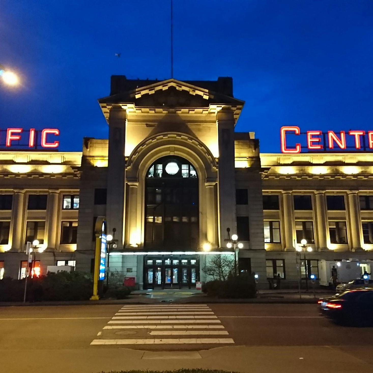 Night view of the Vancouver Pacific Central entrance