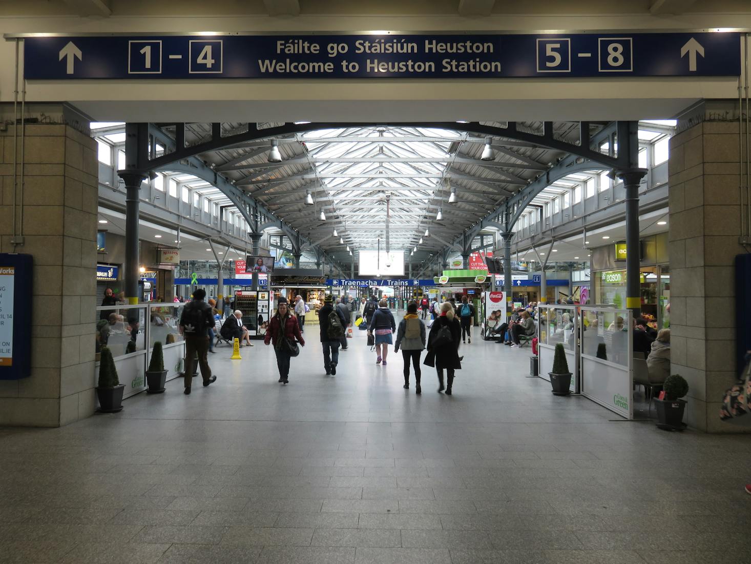 Heuston Station in Dublin, Ireland, bustling with travelers.