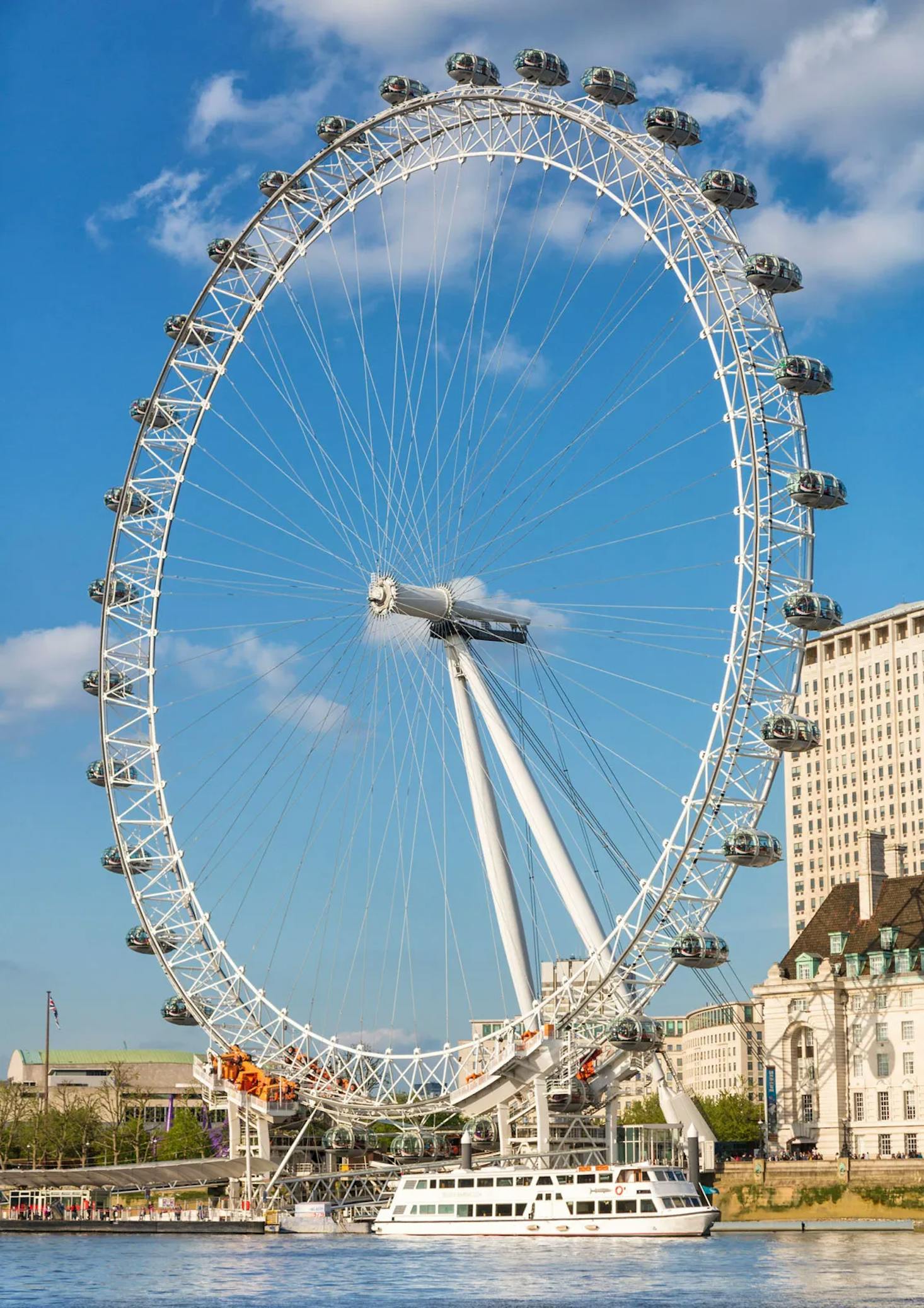 The London Eye, a giant Ferris wheel on the South Bank of the River Thames.