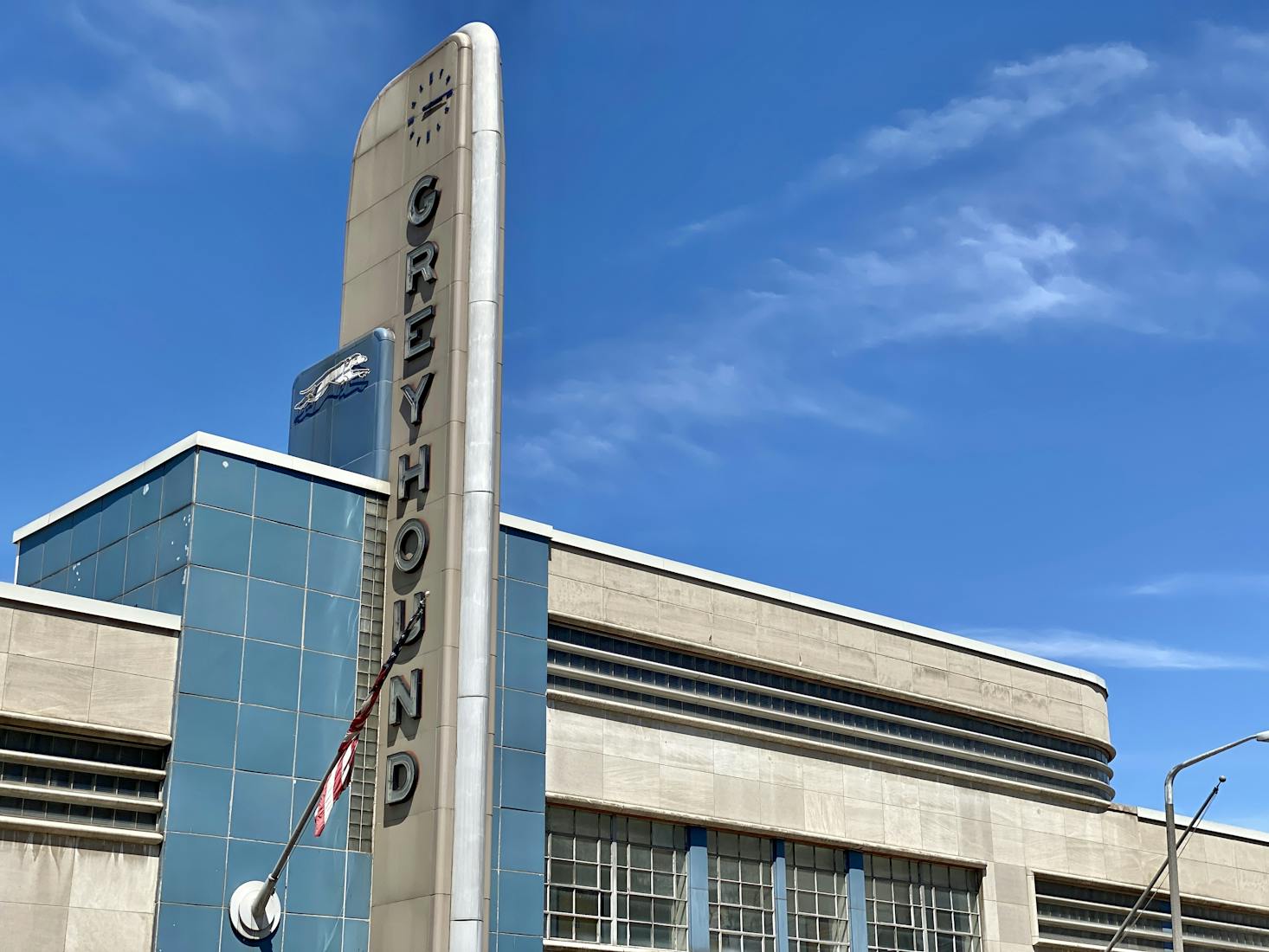 The iconic Greyhound San Francisco bus terminal with its distinctive Art Deco architecture.