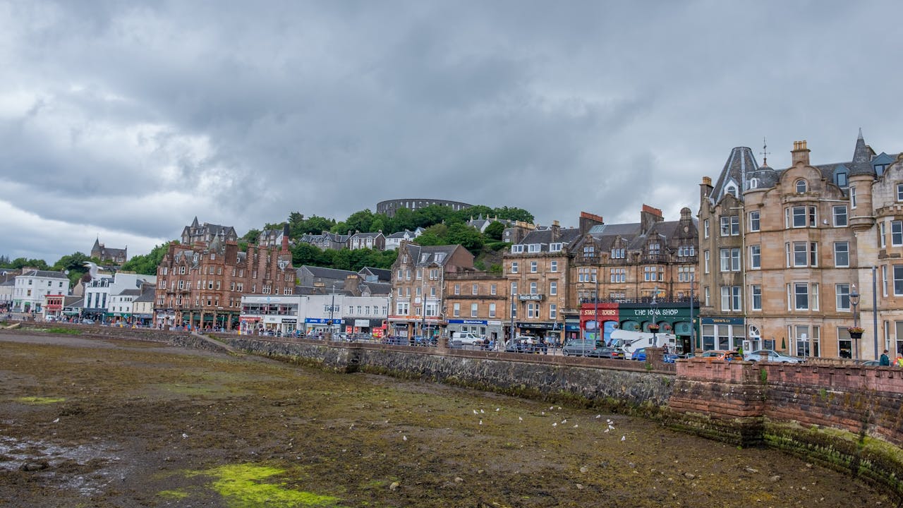 Row of buildings on the coast in Oban, Scotland