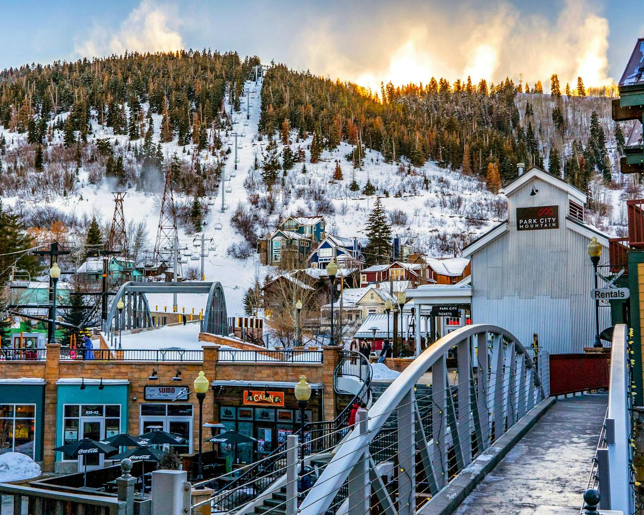 The iconic downtown Park City, Utah with the ski resort right in the backdrop.