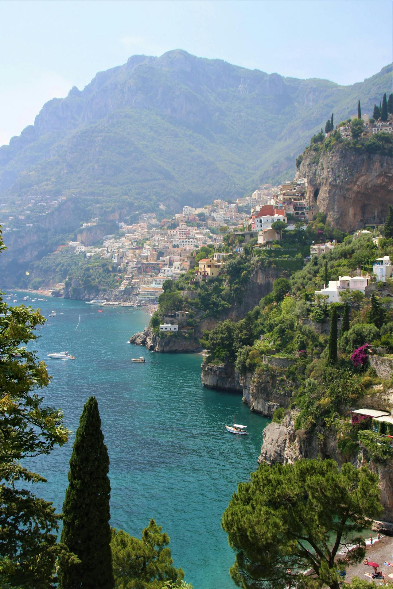 View of the water and mountains in Positano, Italy