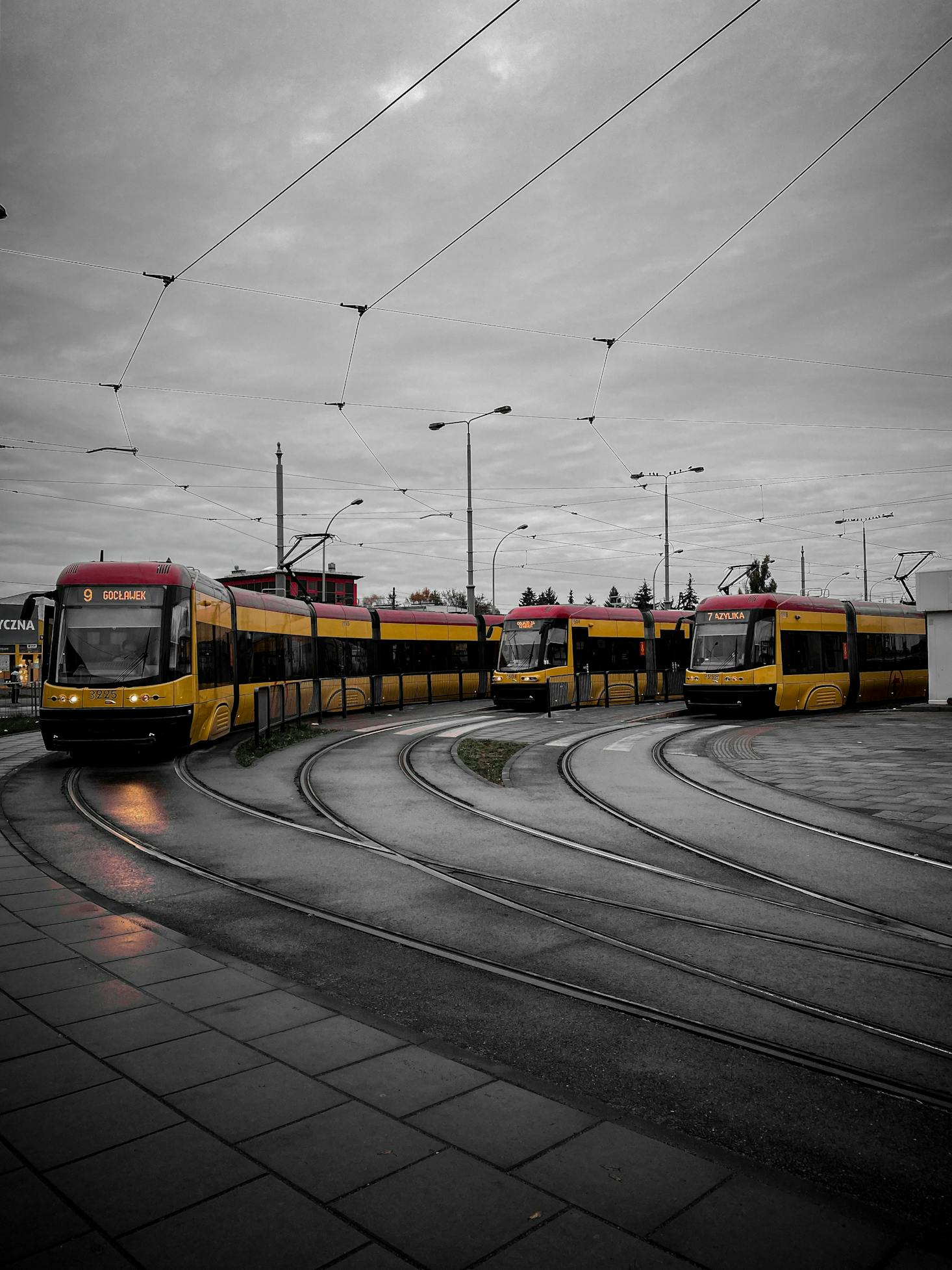 Yellow trams at a tram station in Warsaw, with curved tracks