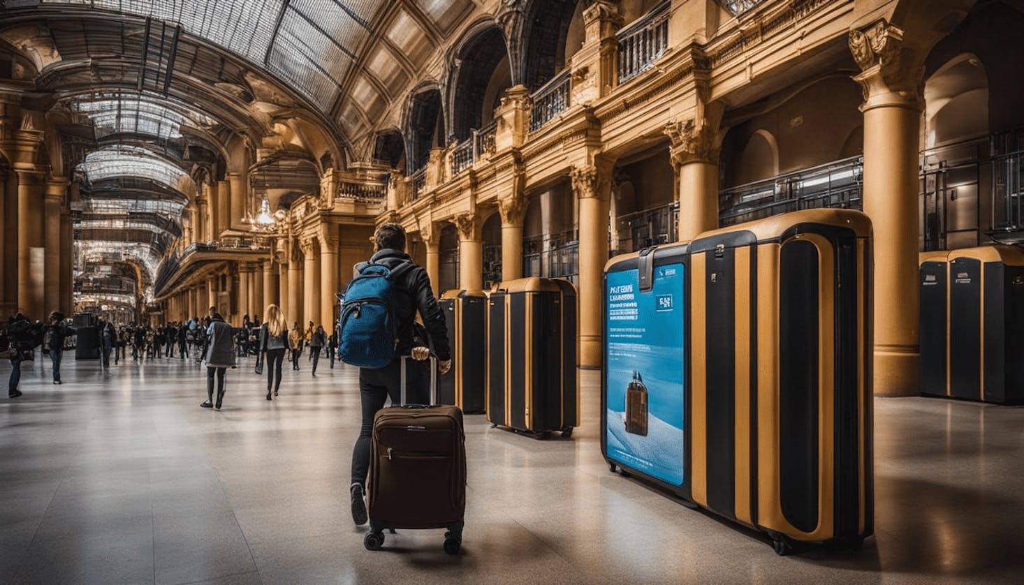 The interior of Madrid Chamartín Station, with a traveler walking through the grand hall carrying luggage.