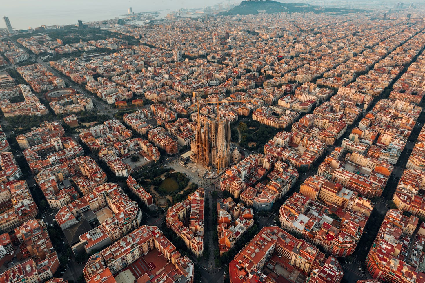 Aerial view of Sagrada Familia and Barcelona near Diagonal Station