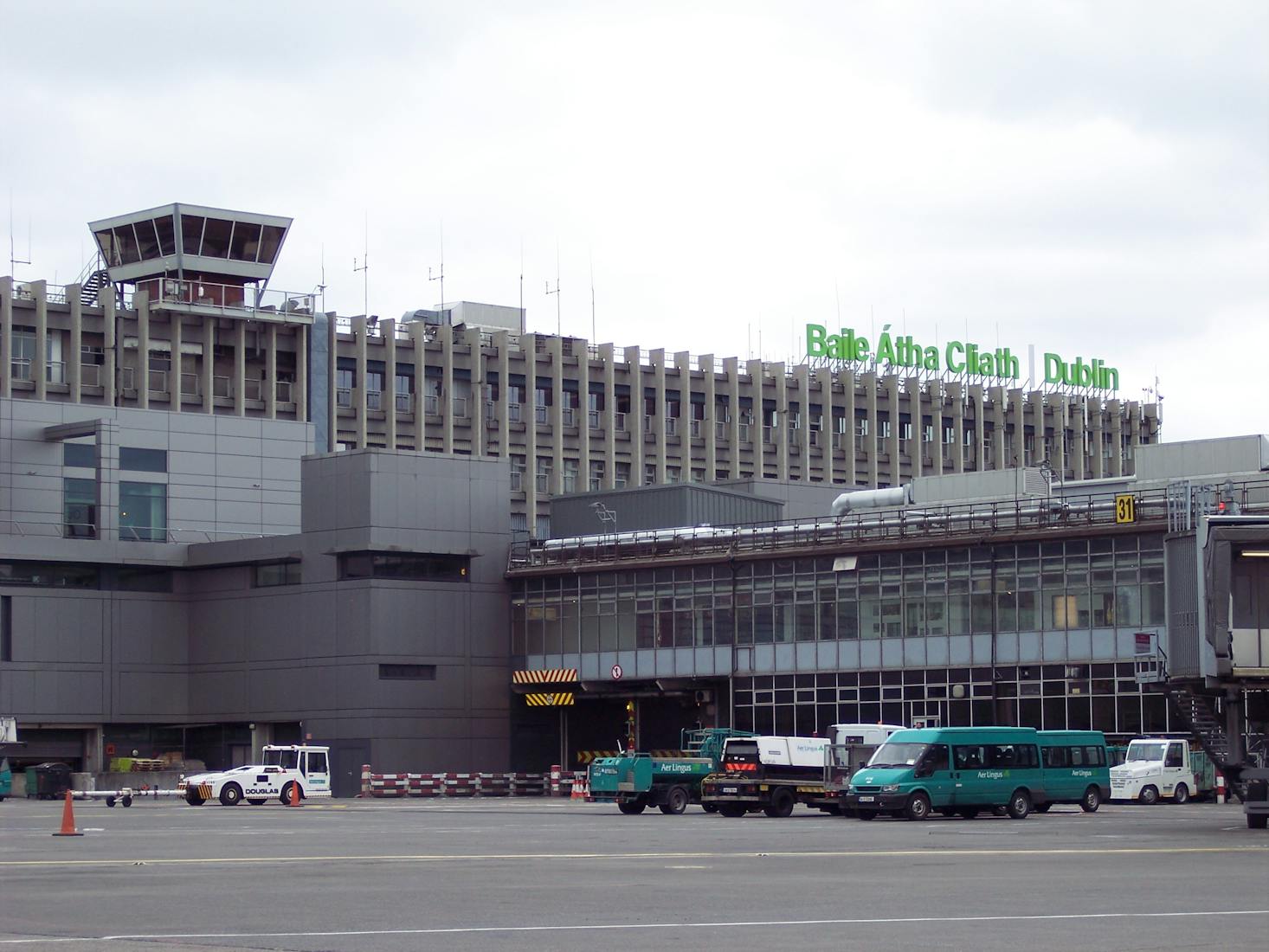 Exterior of Dublin Airport, featuring a control tower and a large building