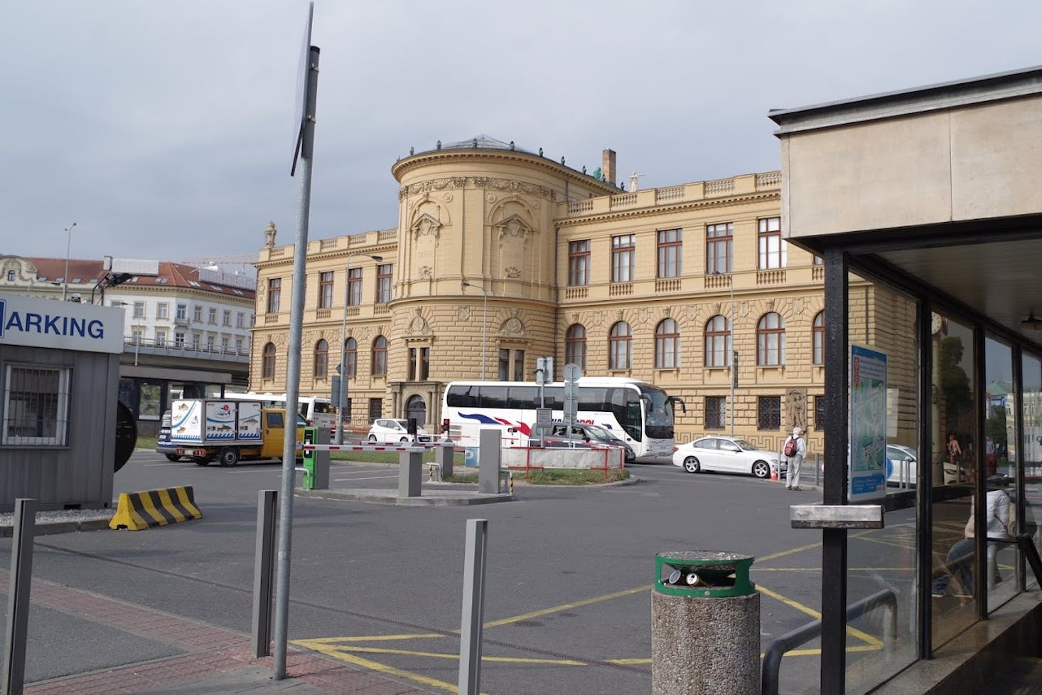 Florenc bus station with a historic beige building in the background