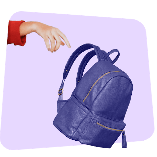 A hand drops off a purple backpack.