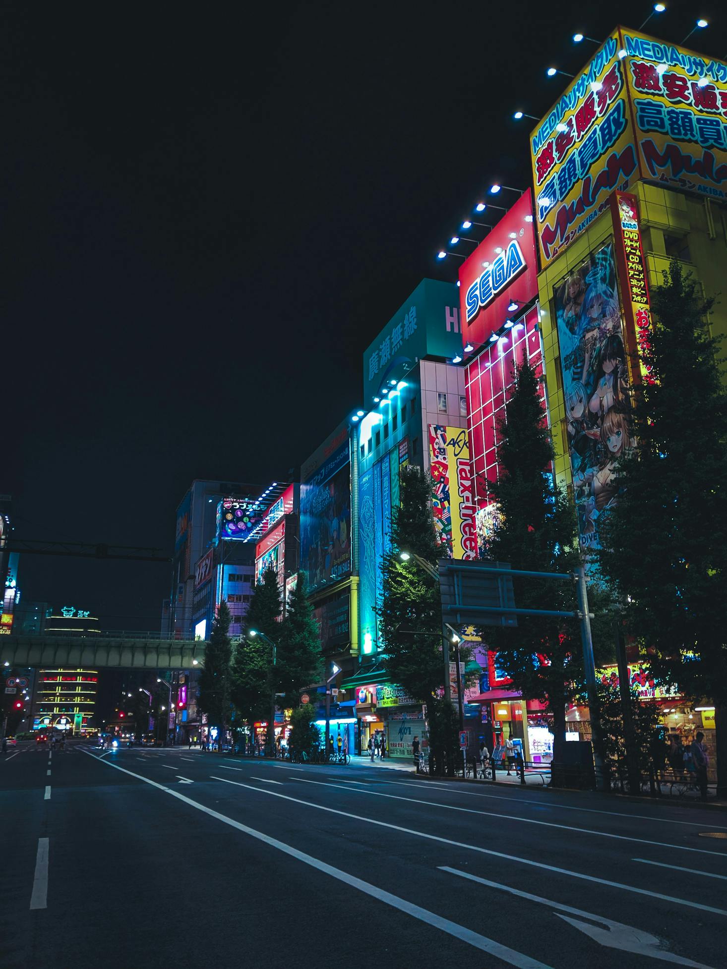 Colorful buildings lit up at night near Ryogoku Station