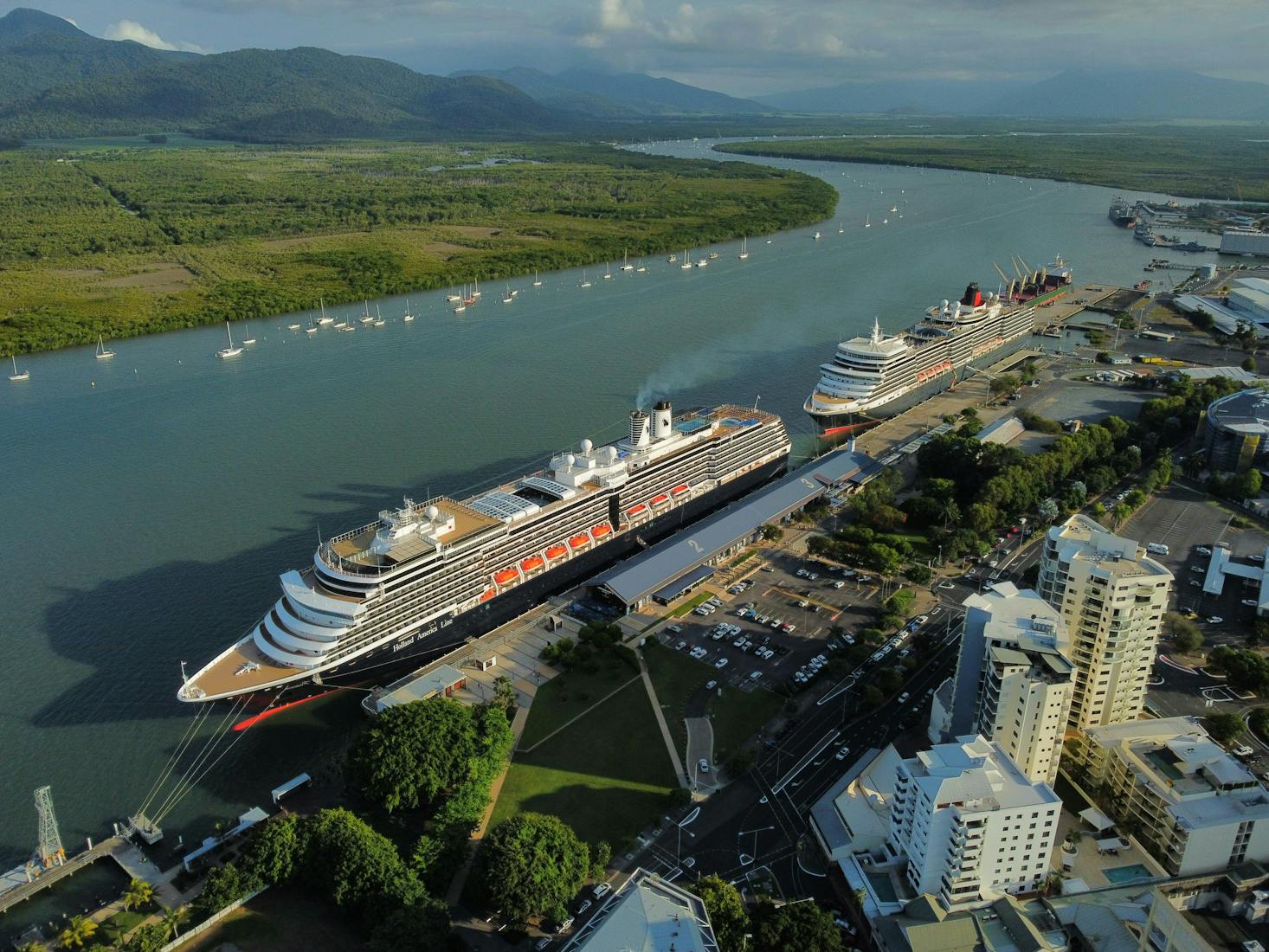 Aerial view of the Cairns Cruise Terminal with 2 large ships docked