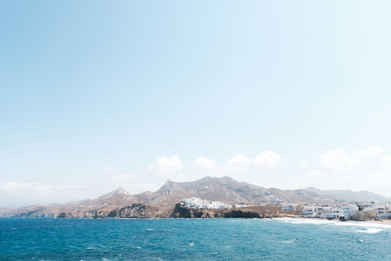 Naxos, Greece under a blue sky and surrounded by the Aegean Sea