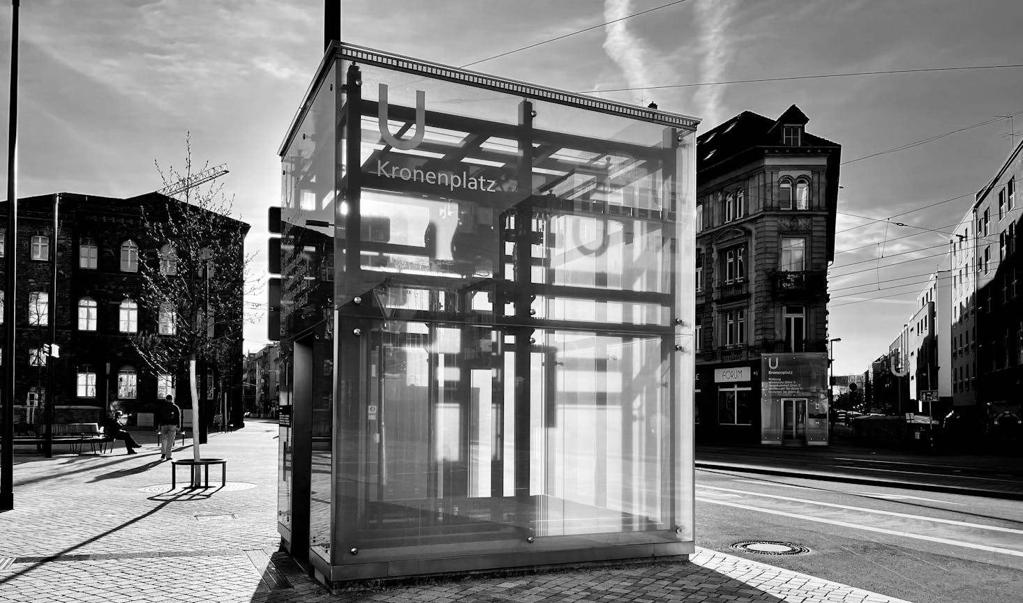 A glass transit stop at Berliner Platz in Essen, Germany 