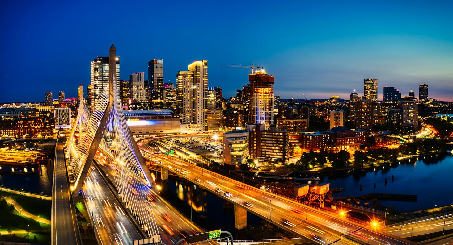 Boston skyline at dusk near Boston South Station