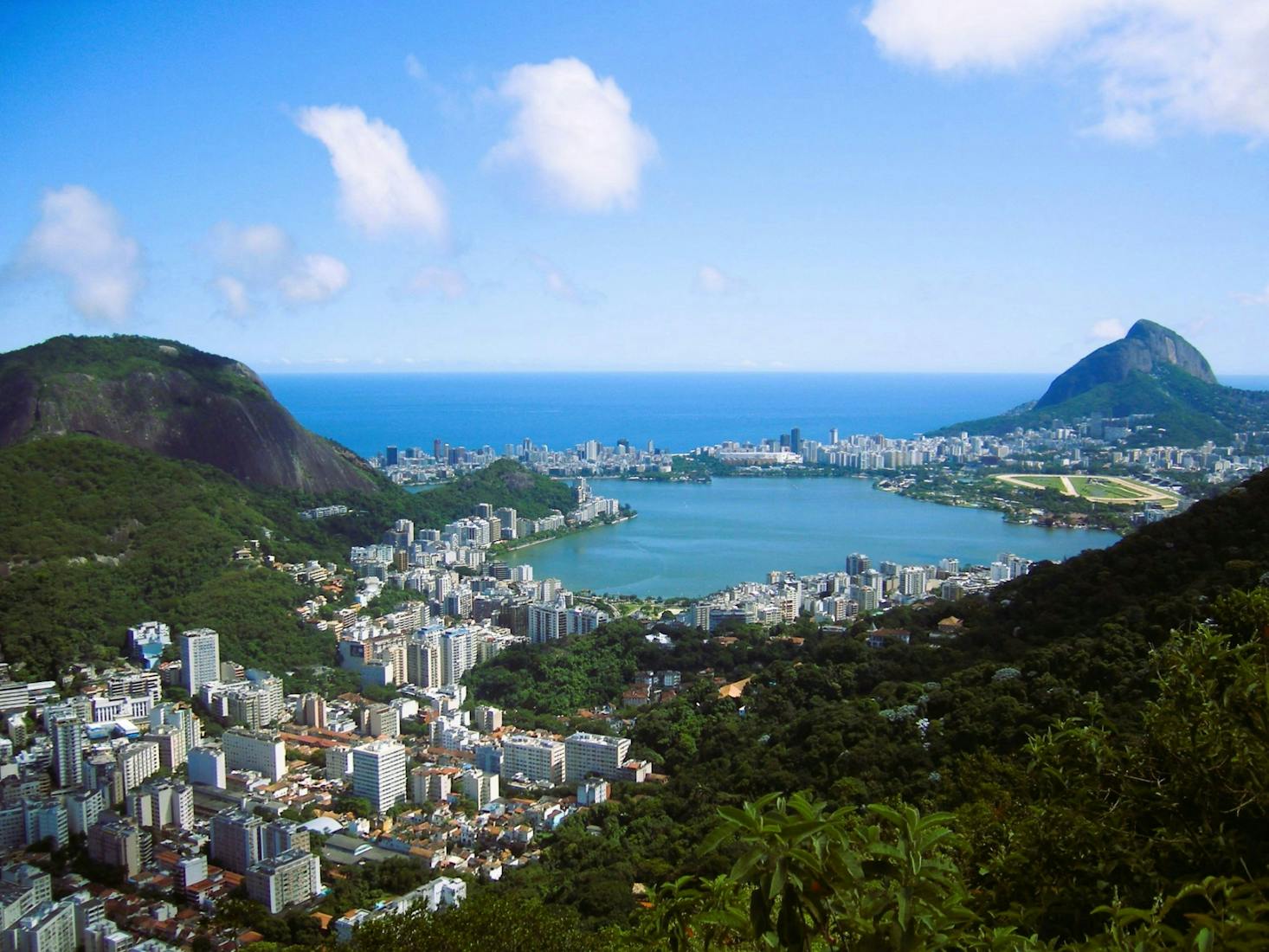 View of Rio de Janeiro from Sugarloaf Mountain with tall buildings, mountains, and ocean