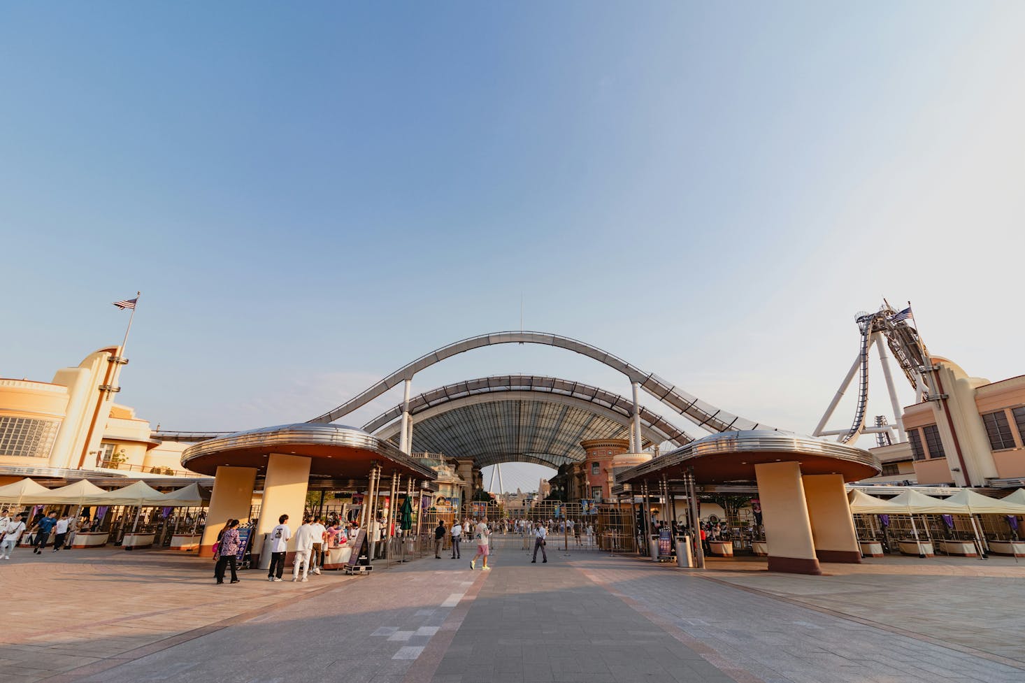 Roller coaster and shops at Universal Studios Japan in Osaka