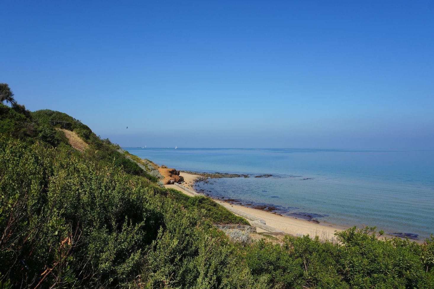 A mountain overlooking the greenery and beach near Victoria