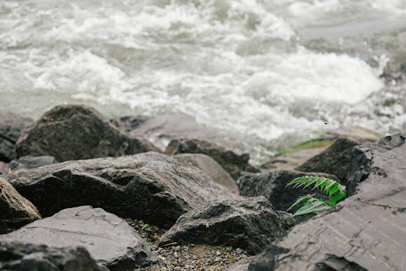 A rocky beach in Montreal with fast-moving water and waves crashing along the coast