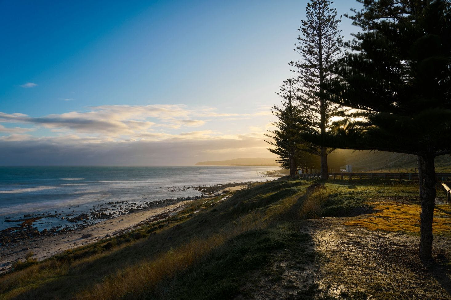 A scenic view of a pebbly beach near Hobart, Australia, framed by green fir trees and distant mountains along the road