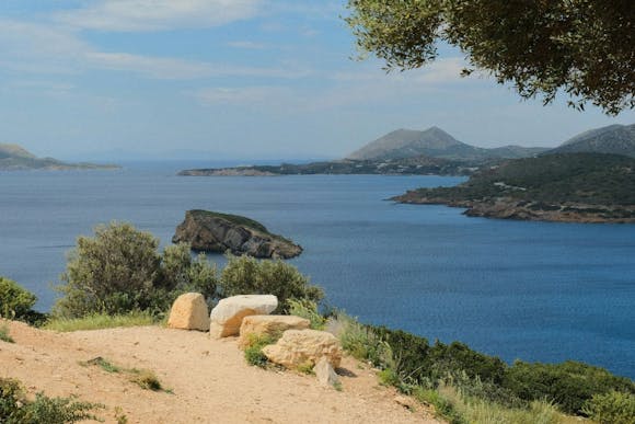 Wild sandy beach near Athens overlooking the sea and greenery