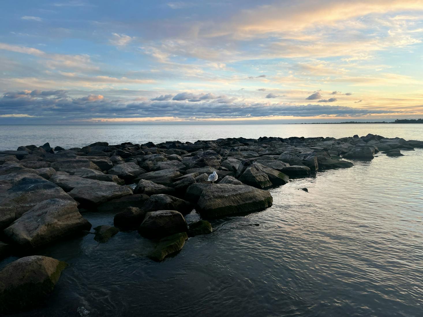 Rocks jutting out into Lake Ontario at sunset at Woodbine Beach